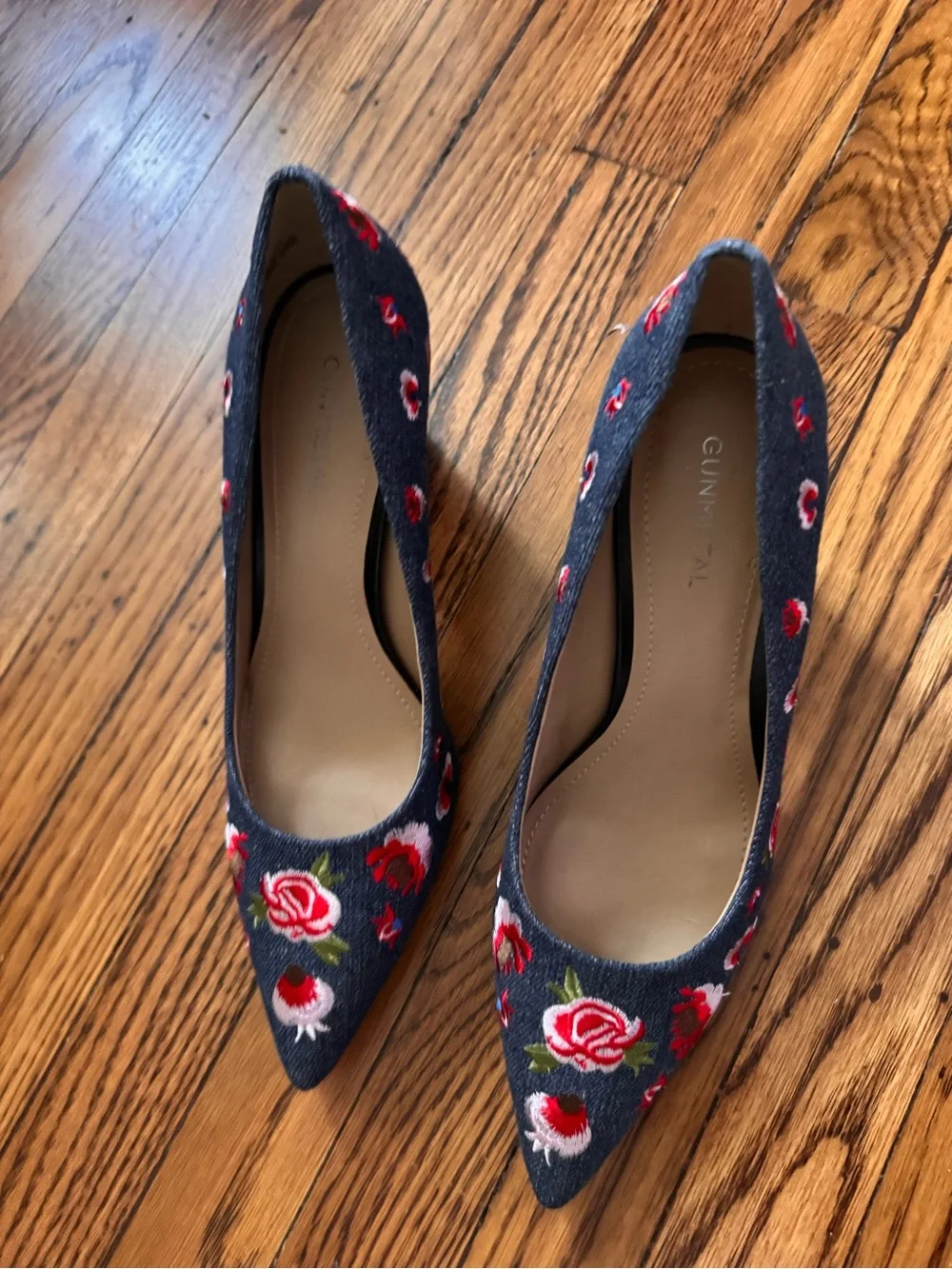Embroidered Denim Pointed-Toe Pumps in Blue with Red Floral Detail